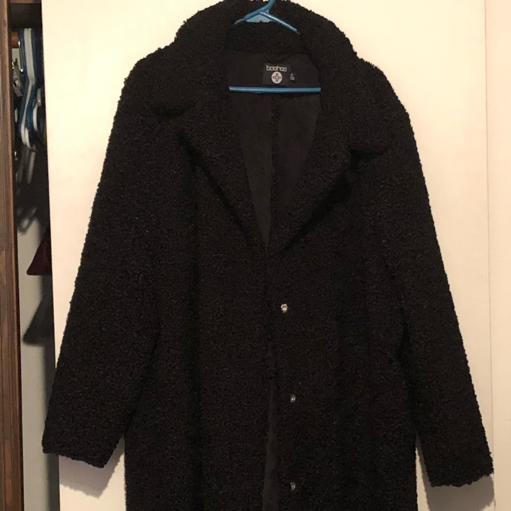 Boohoo black coat, size 18